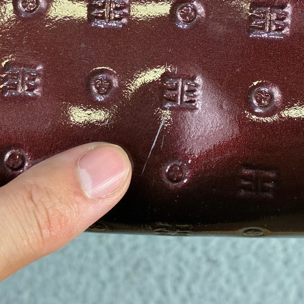 Arcadia Monogram Embossed Satchel Crossbody Bag Womens M Burgundy Patent Italy